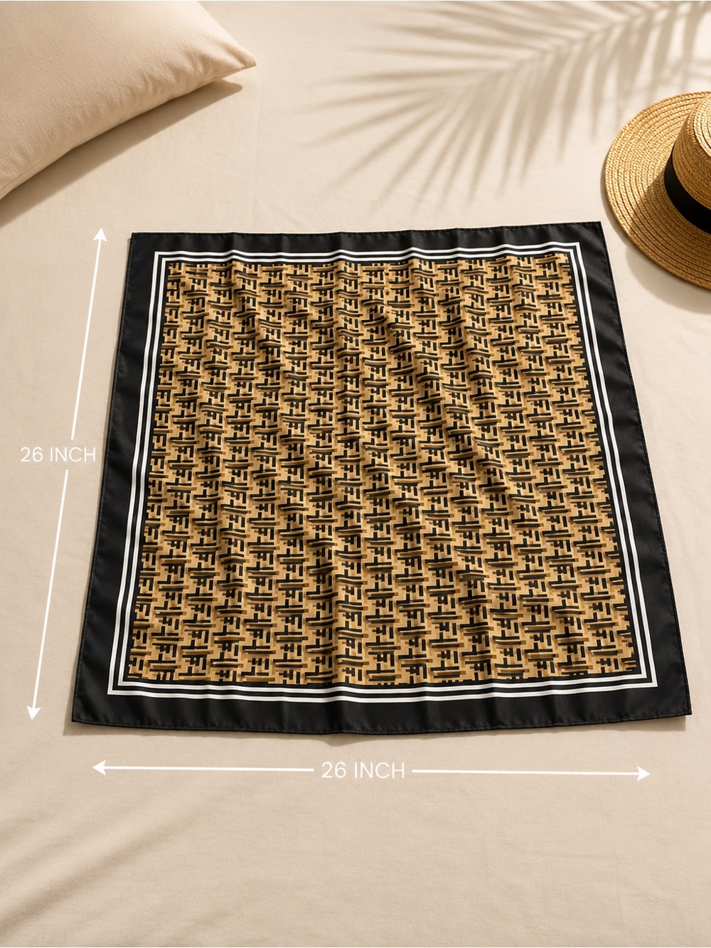 Black and Camel Logo Print Silk Square Scarf